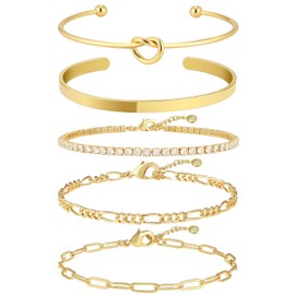 MOTIBACK 5 Pcs Gold Bracelet Set, Stackable Tennis Cuff Bangle with Cubic Zirconia, Adjustable Layered Paperclip Chain Bracelets, Dainty Jewelry Gift for Women