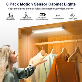 Diomart Under Cabinet Lights Rechargeable Motion Sensor Closet Light Indoor Night Lights, 58 LED Wireless Under Counter Lighting with Remote Control for Kitchen, Wardrobe, Hallway, Stairs (6 Pcs)