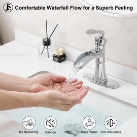 HEYMYTAP Brass Chrome Bathroom Faucet Single Handle, Bathroom Faucets One Hole, 4 Inch Waterfall Faucet for Bathroom Sink 3 Hole with Deck Plate, Pop-up Drain and Supply Hoses