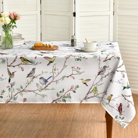 Horaldaily Spring Summer Tablecloth 60x140 Inch Rectangular, Birds Branch Floral Table Cover for Party Picnic Dinner Decor