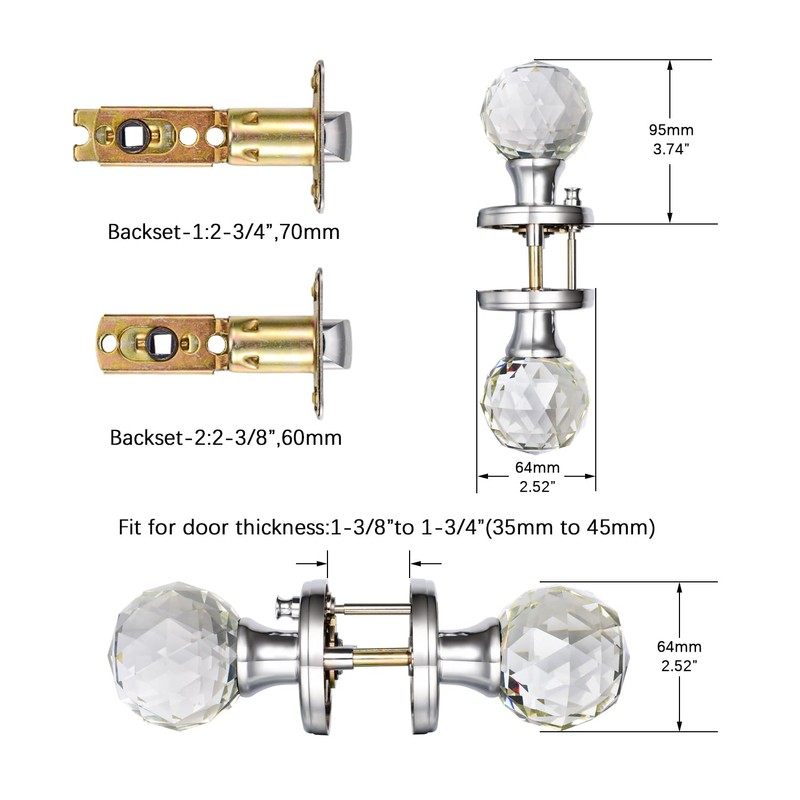 CLCTK Crystal Glass Door Knobs Interior with Lock, Round Bathroom