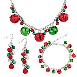 Silver Red Green Christmas Jingle Bell Cute Ornament Long Chain Dangle Earrings Bracelets Necklaces for Women Hook Hypoallergenic Party Jewelry (Green&Red, One Size)