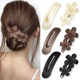 FloralGrace Pack of 6 Cream White, Black, Coffee Flat Hair Clips, 2 Styles Hair Clips for Thick and Thin Hair, Matte Flower Hair Clips, French Barrette Hair Clips