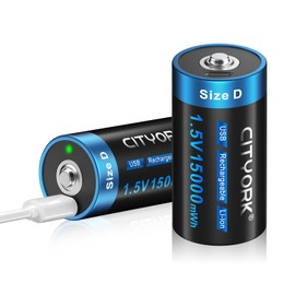 CITYORK 2 Pack 15000mAh USB-C Rechargeable D Cell Lithium Batteries, USB Type C Port 1.5V Constant Output D Cell Li-ion Batteries, Fast Charging (Include 2 in 1 USB-C Charging Cable)