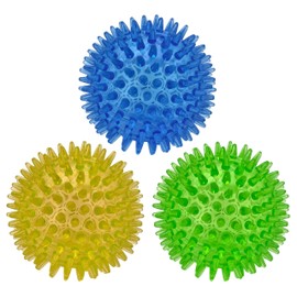 Cutie's PetBox Squeaky Rubber Spike Toy Ball for Medium, Large Dogs, 3-Colors Blue Green Yellow (3.5 Inch, Multi-Pack)