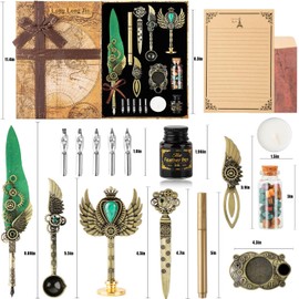 LongLongJin Quill Pen Ink Set with Seal Stamp - Feather Calligraphy Pen and Ink Set, Wax Seal Stamp Kit, Calligraphy Copybook,Beginner Calligraphy Quill Pen Lovers of All Ages Selection Gift (Green)