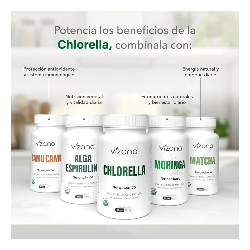 Chlorella Orgánicas (180 Caps-500 Mg) Vizana Nutrition Sin Sabor