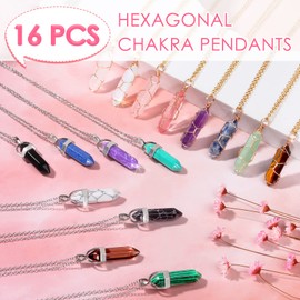 16 PCS Crystal Pendants Necklaces Set, Hexagonal Chakra Crystal Healing Stones Spiritual Natural Bullet Shape Gemstone Pointed Quartz Stone Necklace with Jewelry Chain Gift Box for Women Girls