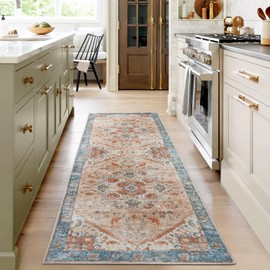 Topllen Non Slip Runner Rugs, Ultra-Thin 2.6'x8'Runners for Hallways, Laundry Kitchen Bathroom Washable Rugs for Bedroom, Indoor Vintage Area Rugs (Orange/Blue,2.6'x8')