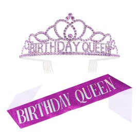 Bumlofa Purple Princess Crown & Birthday Queen Sash Set, Crown Birthday Girl for Party Decoration