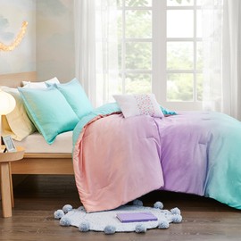 Mi Zone Queen Comforter Set Full Bed Comforter Reversible Colorful Metallic Glitter Ombre Printed Modern, All Season Bedding Set, Sham & Toss Pillow, Glimmer Pink Purple Rainbow Full/Queen 4 Piece