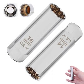 LeTradeJP Plug Wrench, Joint Universal Socket, Set of 2, 12 Square Thin Wall, 3/8 inch (9.5 mm) Insertion Angle, Replacement Plugs for Thin, Import Vehicles (0.6 & 0.6 inch (14 & 16 mm)