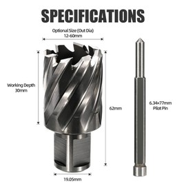 Vearter 12mm HSS Annular Cutter, 19.05mm Weldon Shank, Mag Drill Bit with Pilot Pin for Steel Plate, Aluminum, Brass, Cast iron, Stainless Steel