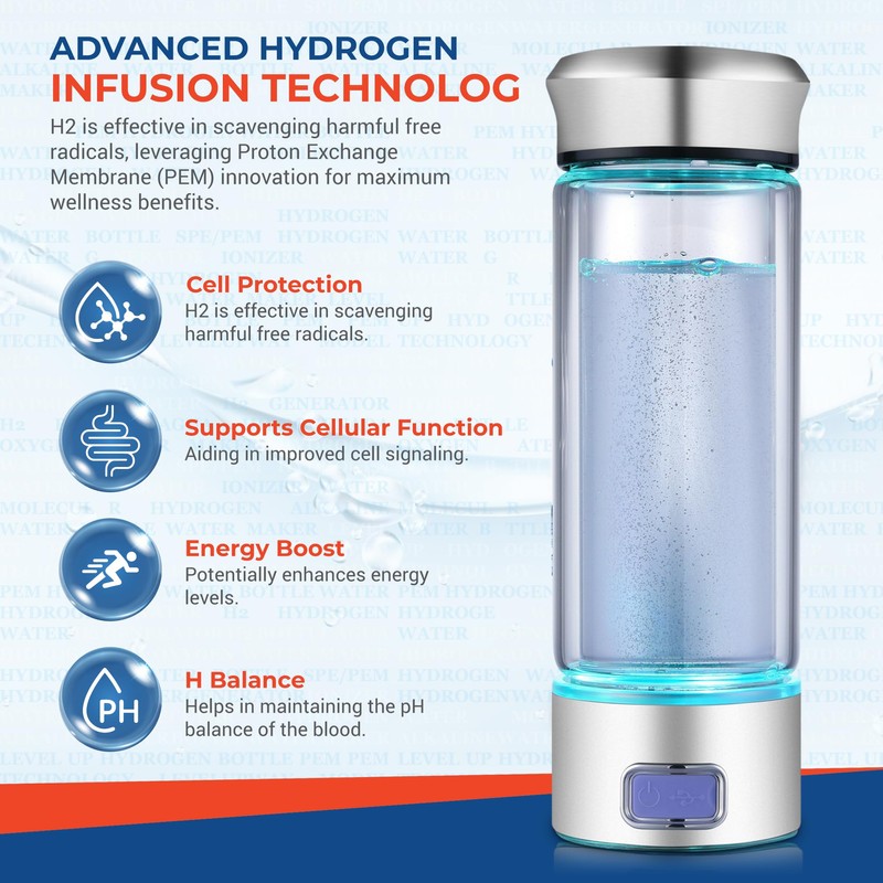 LevelUpWay Hydrogen Water Bottle - Advanced SPE/PEM Technology, Premium Borosilicate