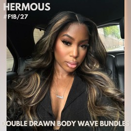 HERMOUS #F1B/27 Human Hair Bundles 12A Double Drawn Bundle Body Wave 24 Inch, Thick Honey Blonde Highlight Sew In Bundles 100% Unprocessed Remy Hair Colored Ombre Single Bundle Quick Weave Extension