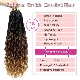 18 Inch Boho Box Braids Crochet Hair Bohomian Crochet Box Braids Curly Ends 7 Packs Pre Looped Goddess Box Braids Crochet Hair for Women, 1B/30/27