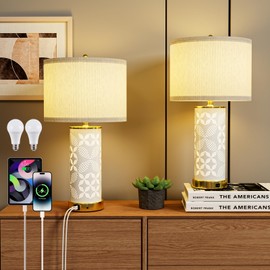 22'' Modern Ceramic Table Lamps Set of 2, Bedside Lamps with Hollow-Out Ceramic Design,USB A+C & 3 Color Temperature, Lamps for Night Stands with Night Light for Living Room and Bedroom(with 2 Bulbs)