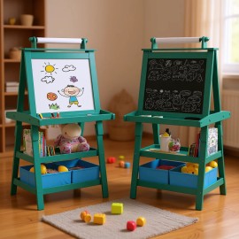 Art Easel With Storage Green Wood Double Sided For Kids Drawing And Chalkboard Usecolor: Gray Color