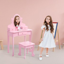 Garvee Kids Vanity Set with Adjustable Angle Mirror, Pretend Play Girls Vanity Table and Chair Set with Mirror, Stool, and Wood Makeup Playset, Pink