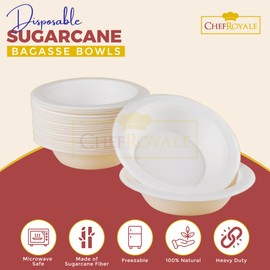 CHEF ROYALE - 25x 6oz Disposable Sugarcane Bowls Eco-Friendly Bagasse Compostable Bowls and Perfect for Hot/Cold Foods - Soup Salad Dessert Bowl Ideal for BBQs, Picnics (25, 6oz)