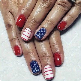4th of July Press on Nails Medium Square Fake Nails Star False Nails Red White Blue Artificial Nails Full Cover Acrylic Nails with Line Design Glossy Glue on Nails Independence Day Stick on Nails