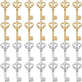 SUNNYCLUE 1 Box of 100 Metal Keyrings Silver Skeleton Key Chain Mini Small Alloy Golden Vintage Love Valentine's Day Charm Bulk for Jewellery Making Charms Women DIY Necklace