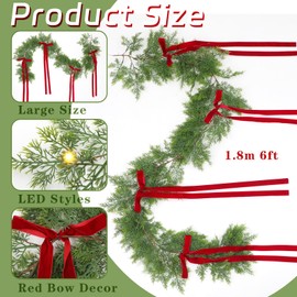 Suncalla 6 ft Christmas Garland with Red Bow, Artificial Lighted Pine Garlands with White Lights, Battery Operated Real Touch Artificial Faux Greenery for Holiday Indoor Outdoor Decor