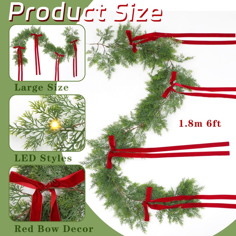 Suncalla 6 ft Christmas Garland with Red Bow, Artificial Lighted