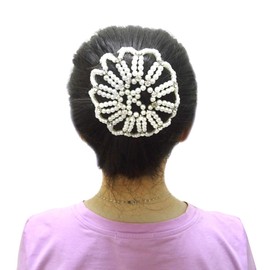 "Honbay Hair Bun Cover Elastic Handmade Crochet Hair Net Snood with Pearls and Rhinestones for Ballet, Dance, Skating, etc (White)"