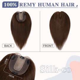Silk-co Hair Topper Real Hair, 10 x 12 cm Base Toupee Women, Hair Topper Real Hair with Remy Silk Base, Hair Topper Clip-In Hairpiece Extensions, 45 cm04# Medium Brown