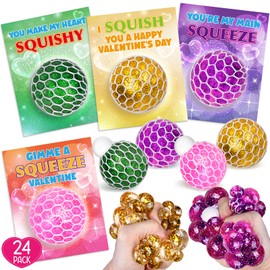 SpringFlower 24 Pack Valentines Day Card,Valentines Day with Squeeze Stretch Fidget Toy Ball,Kids School Classroom Valentines Card Gifts Exchange Valentine Party Favors Prize for Kids