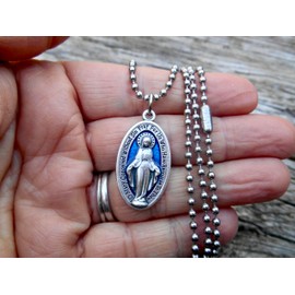 Large Blue Enamel Miraculous Medal Necklace, 30 Inch Stainless Steel Ball Chain, Catholic Gift, Gorgeous Blue Enamel Our Lady of Grace Medal Measures 1 1/8 inch