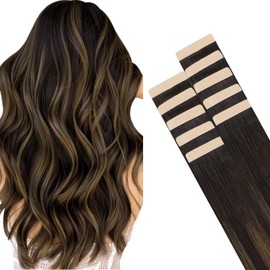 HOTBANANA Tape in Hair Extensions, 22 Inch 10pcs Balayage Dark Brown Mixed Chestnut Brown, Straight Remy Human Hair Tape Hair Extensions