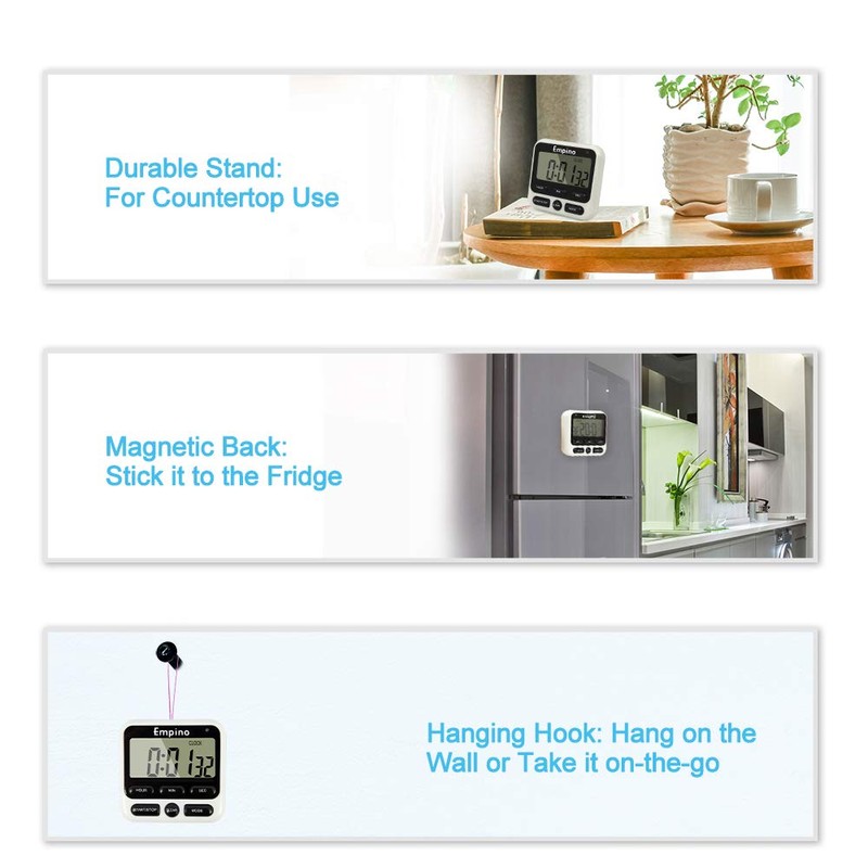 Empino Digital Kitchen Timer, Cooking Timer, 12-Hour Display Clock, Large