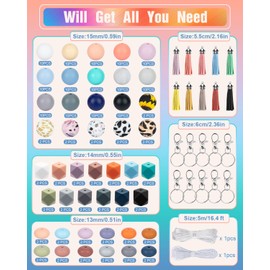 MyoePosy 249PCS Silicone Beads, Silicone Beads for Keychain Making Kit, 15mm Silicone Beads Bulk for DIY Bracelets and Necklace Crafts, Mixed Color Round Rubber Beads for Making Keychain