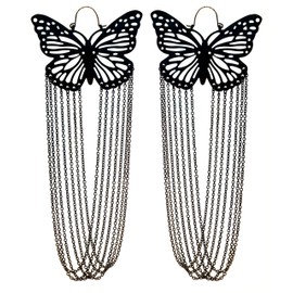 Black Iridescent French Hook Butterfly Shaped Dangle Earrings Chain Tassel Accents TME542