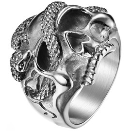 Rofusn Gothic Skull Snake Band Ring, Stainless Steel Cocktail Party Statement Ring for Christmas-Silver Size 12