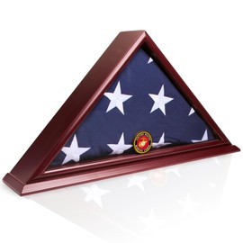 DECOMIL 5'x9' Flag Display Case for American Veteran Burial Flag - Solid Wood, Cherry Finish - Marine Corps