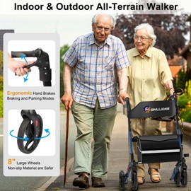 Rollator Walkers for Seniors with Seat, No Assembly Foldable 8" Non-Slip Wheels All Terrain Lightweight Durable Aluminum Rolling Walker with Comfortable Backrest and Cane Holder
