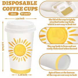 FYSUIMU 50 Sets Boho Sun Coffee Cups with Lids 16oz Yellow Sunshine Paper Cups First Trip Around The Sun Disposable To Go Coffee Cup for Summer Birthday Baby Shower