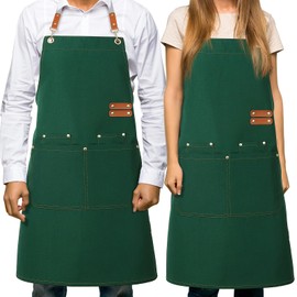 ViEinkaufen 2 Pack Aprons for Women Men Chef Apron with 4 Pockets Cross Back Aprons for Cooking Adjustable Oil Proof Apron for Servers Kitchen Pottery BBQ Work Baking Painting Gardening,Dark Green