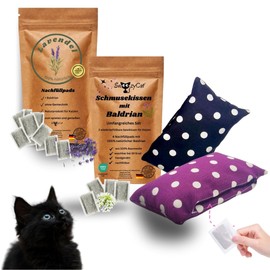 SNOOZYCAT Pack of 2 Refillable Valerian Catnip Cushions + 4 Refill Bags, Handmade and Washable, 100% Cotton Natural Raw Materials (Set Lavender)
