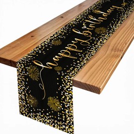 Birthday Table Runner, Black Gold Birthday Decoration, Happy Birthday Tablecloth, Washable Table Runner, Table Decoration, Birthday for Girls, Boys, Women, Men, Birthday Decoration, 180 x 35 cm