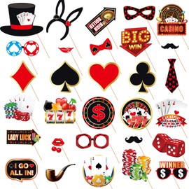 Tinoaly 30pcs Casino Photo Booth Props, Las Vegas Game Night Poker Theme Selfie Props with Sticks and Glue Dots Perfect Decorations and Party Favors for Birthday Prom Casino Themed Party