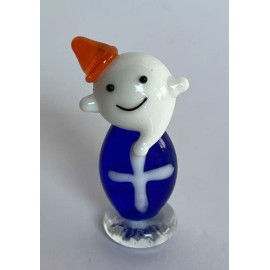 Unbranded Mini Miniature Glass WHITE GHOST Wearing Orange Hat on Blue Cross Pedestal  1.5"