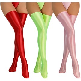 FEOYA Women Shiny High Stockings Oil Glossy Thigh Socks Opaque Over Knee Stockings Stretchy Cosplay Stockings for Club Party Red Pink Green