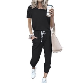 PRETTYGARDEN 2 Piece Outfits for Women 2024 Summer Casual Lounge Jogger Sets Short Sleeve Top and Long Pants with Pockets (Black, X-Large)