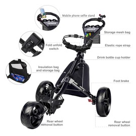 JANUS Golf Cart, Golf Bag cart, Foldable Golf Push cart,Golf Pull cart,3 Wheel Golf Push carts，with Gooseneck or Phone Holder
