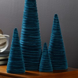 Teal Velvet Cones Set of 4, Minimalist Mantel decor, Holiday Entryway, Blue Green Home decor, Christmas, Tree Figurines (Teal)