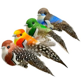4pcs Artificial Birds Clip on Bird Ornaments with Feathers for Spring Christmas Tree Decoration, Arts & Crafts and Floral Arrangements (Model-4S14)